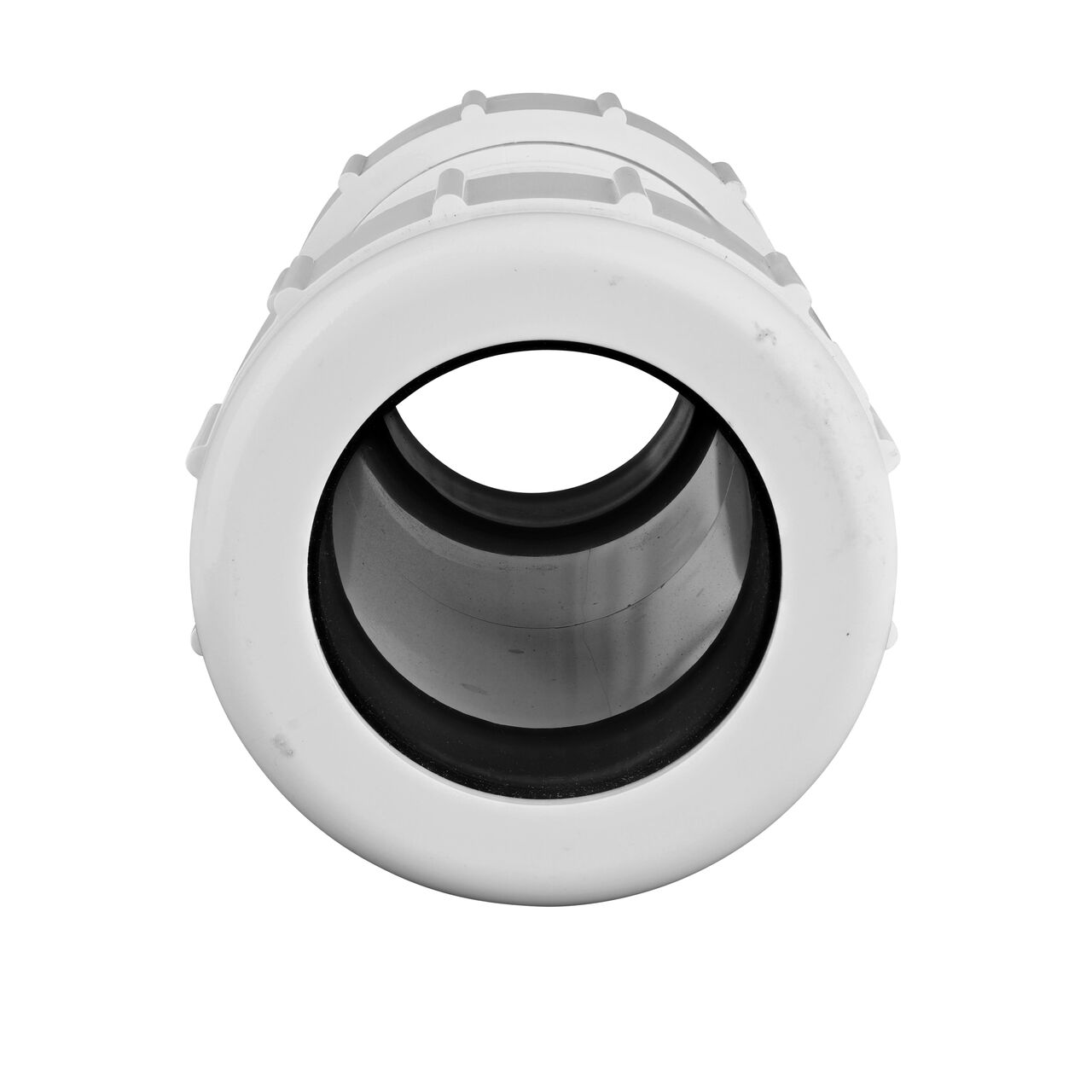 The NDS 1-1/4 in. IPS UC Compression Coupling showing the gasket inside the adjustable nut that secures it in place once installed (NDS CPC-1250)