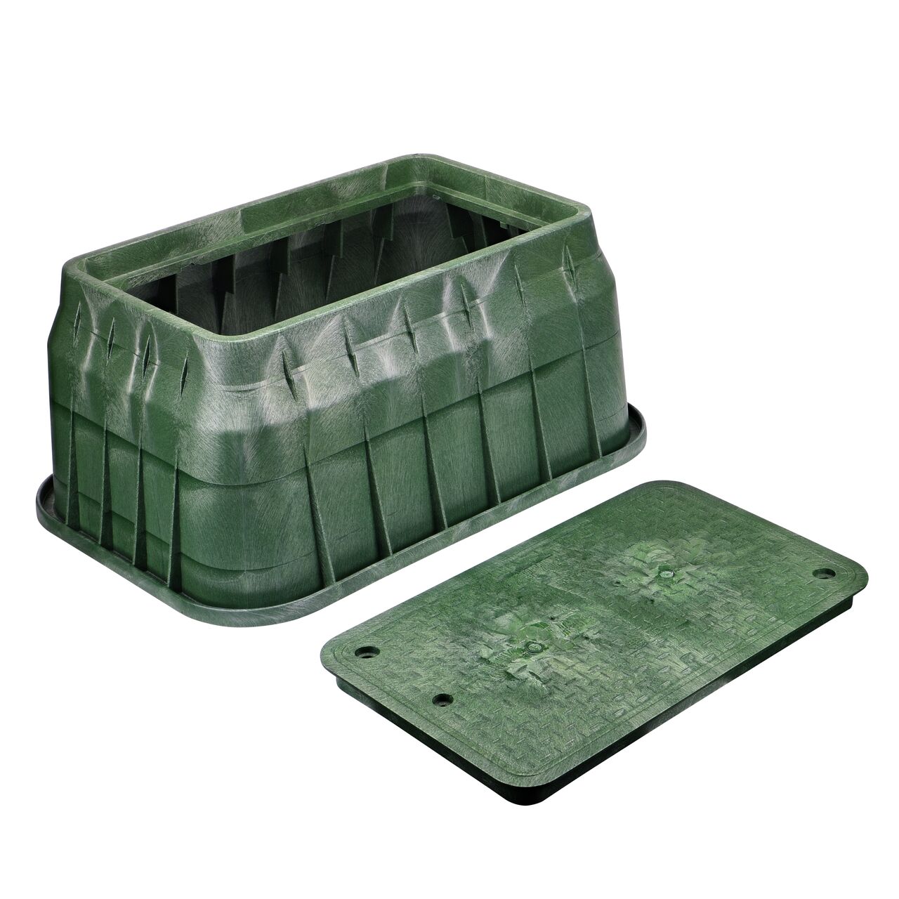 Unassembled View of the NDS 17 in. X 30 in. Green Rectangular Pro-Spec® Series valve box, bolts, and Green Irrigation Control Valve overlapping cover (NDS 326BCB)