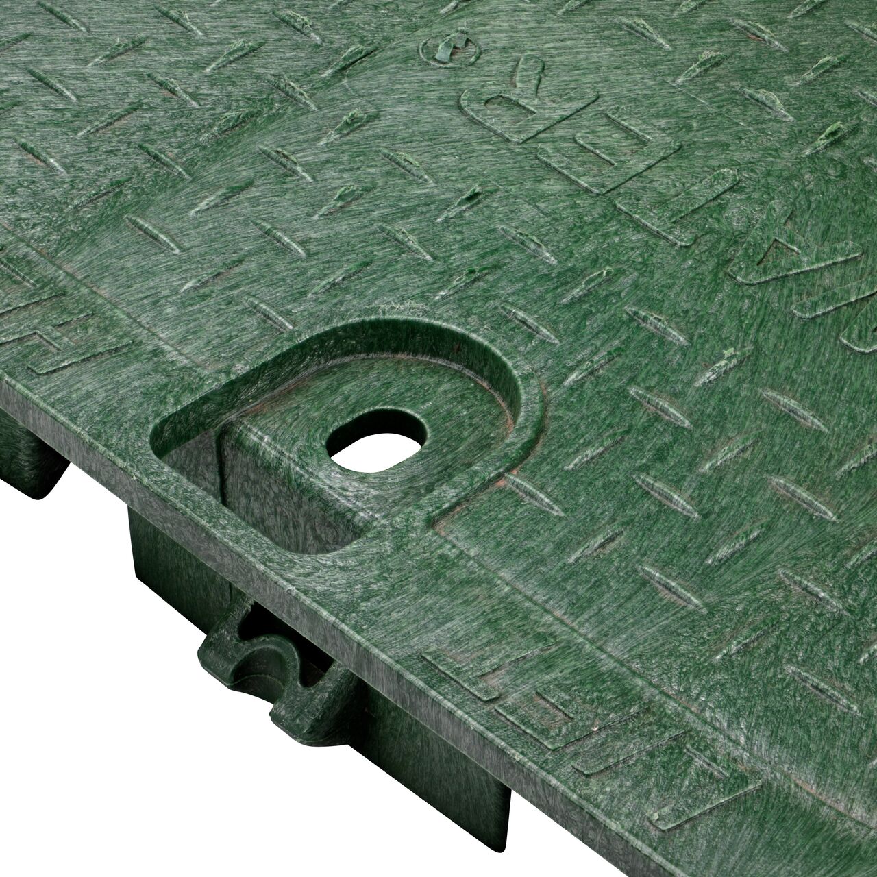 Closeup view of the locking mechanism and bolt hole on the green water cover for the NDS 14 in. X 19 in. Rectangular Standard Series Valve Box (NDS 114CW)
