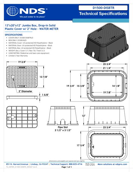 NDS 13 in. X 20 in. Rectangular Meter Box and Drop-in AMR Cover, 12 in. Height, Black Box, Black Water Meter Cover with 2 in. Touch Reader Hole Tech Spec