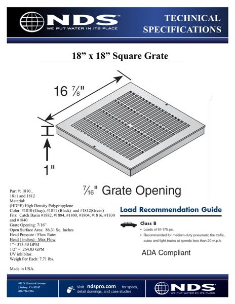 NDS 18 in. Square Catch Basin Drain Grate Tech Spec