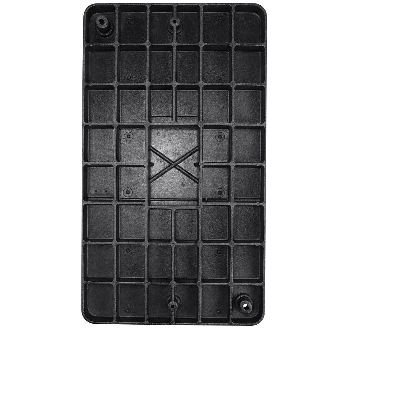 Top down view of the underside of the Black Water cover (NDS 323CDW) for the NDS 17 in. X 30 in. Rectangular Pro-Spec® Series valve box showing reinforcing ribs that help support pedestrian and lawn care equipment