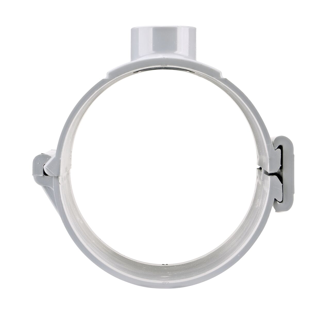 Front facing view of the NDS Clamp-It™ Rigid PVC Saddle with 2 in. slip connection on top (NDS 458020) for 8 in. PVC pipe showing both the wedge and hinge sides