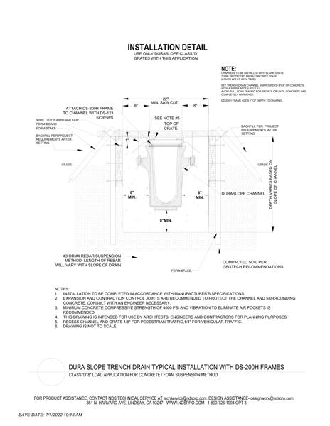 NDS Dura Slope® Channel Drains with Frame Load D Concrete Foam Installation Detail