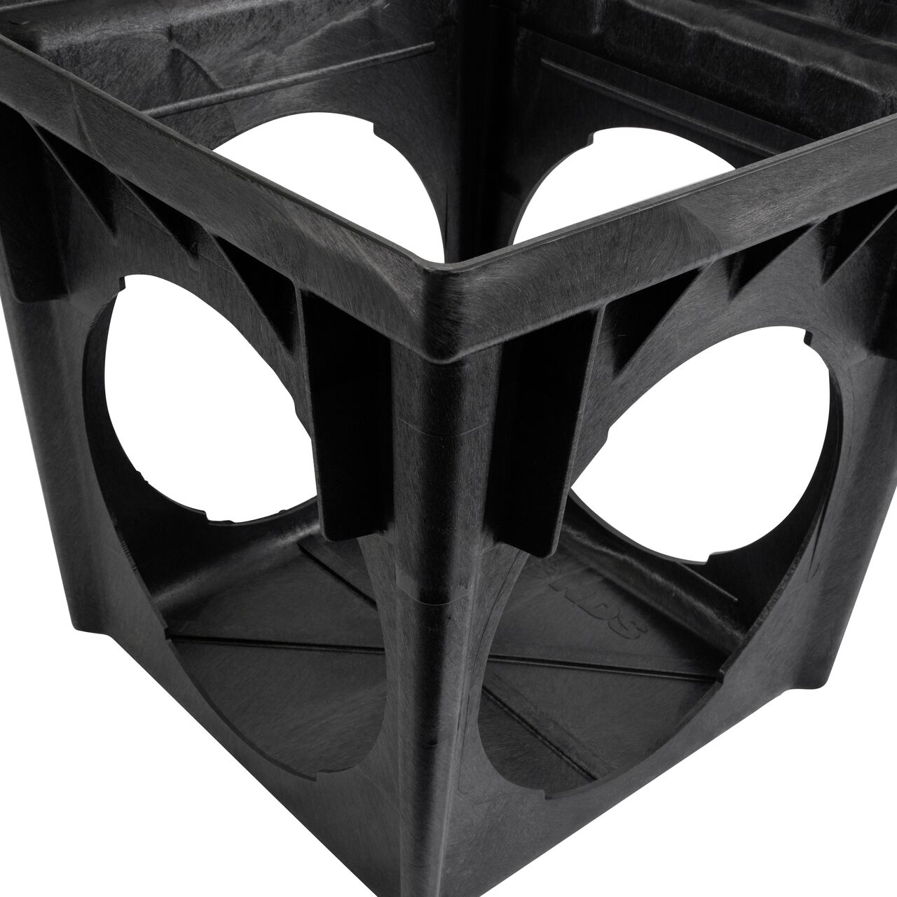 Inside view of the Black plastic 24 in. Square Catch Basin Drain with 4 Openings (NDS 2404)