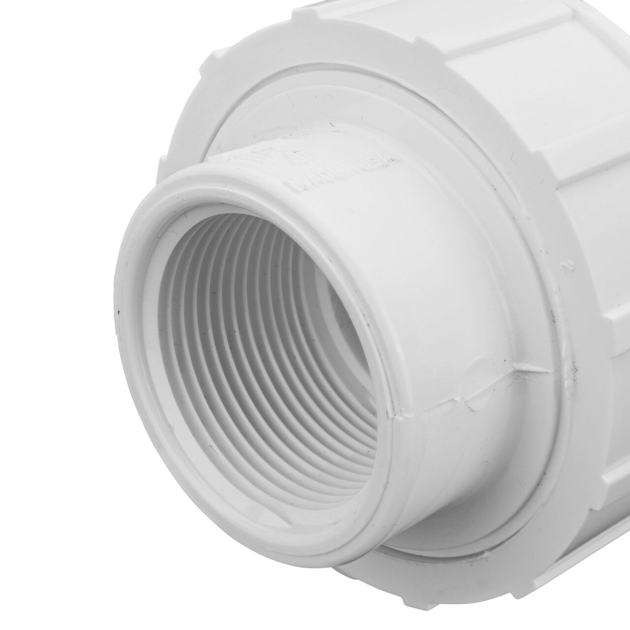 Closeup view of one threaded end on the PVC Union, 1-1/4 in. Sch. 40 FPT X FPT (NDS WU-1250-T)