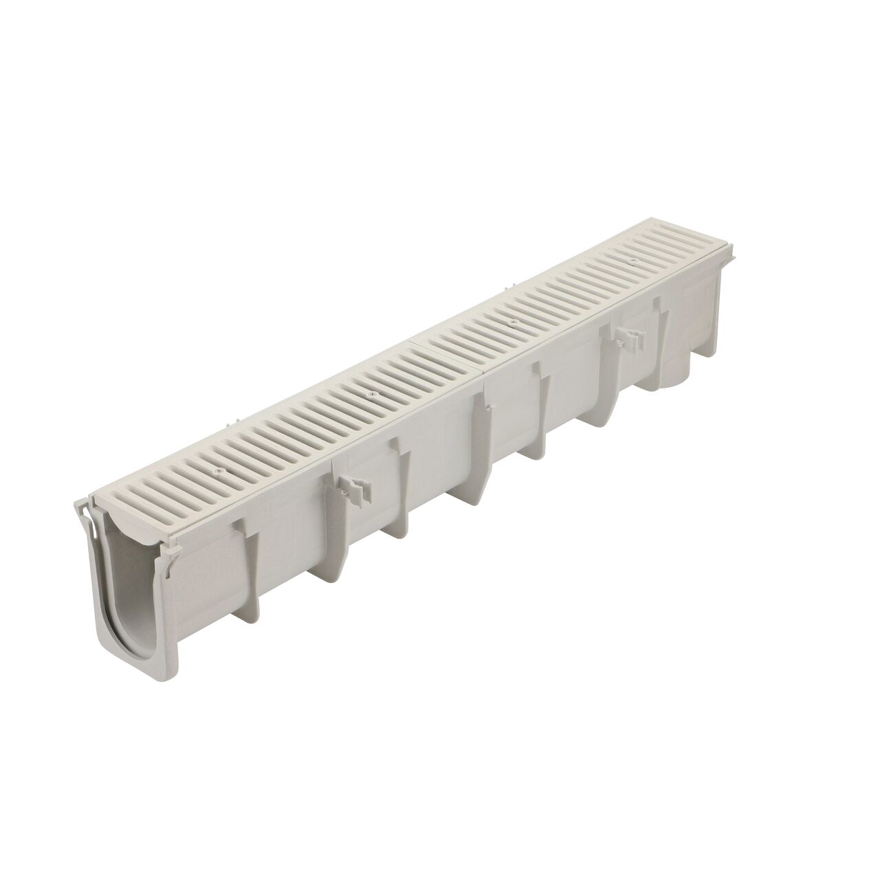 The NDS 7.36 in. Deep Neutral Dura Slope Channel (NDS DS-101N) with two Standard Dura Slope Light Gray Grate installed (NDS 661LG)