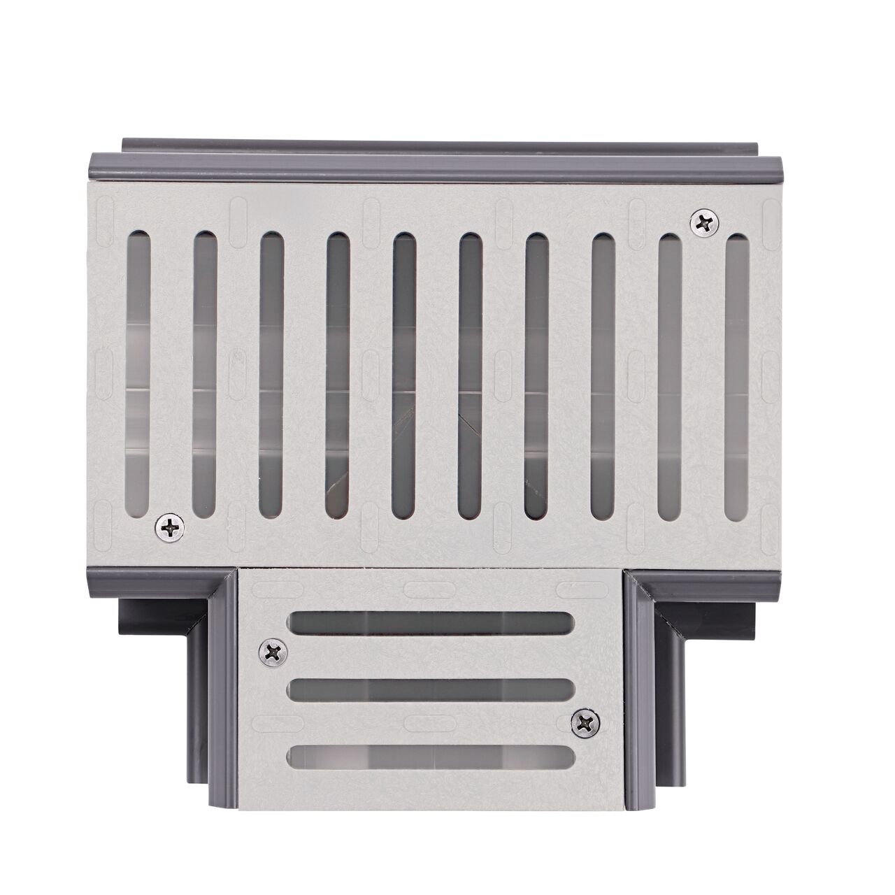 Top Down fully assembled Spee-D® Channel Drain Cross and Grate (NDS 2371) with couplers and channel drains attached to all ends