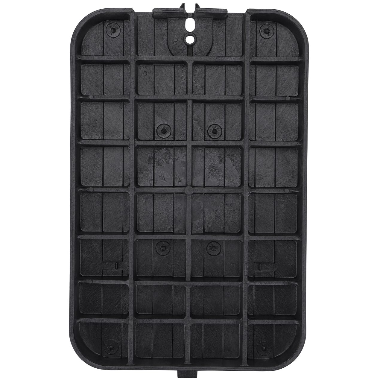 Top down view of the underside side of the Black Water cover (NDS 113BCDW) for the NDS 14 in. X 19 in. Rectangular Standard Series valve box, showing reinforcing ribs that are load rated to withstand pedestrian traffic and the rigors of lawn care equipment