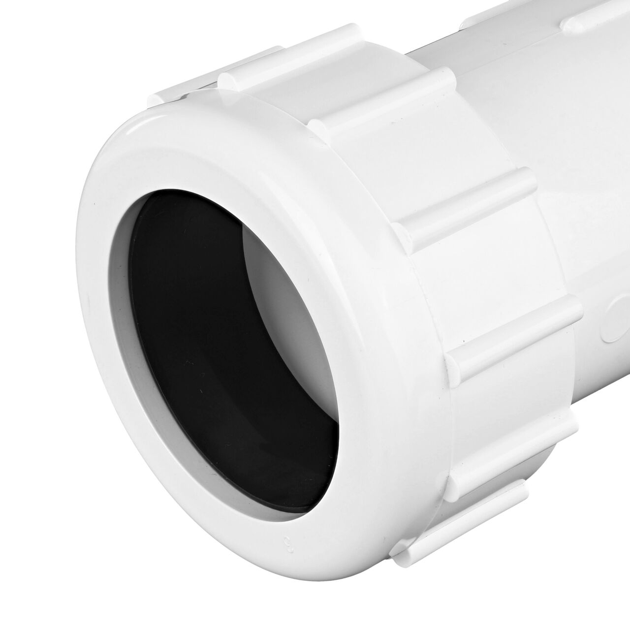Closeup view of the NDS IPS UC Compression Coupling showing the 2 in. compression end with adjustable nut secured which reduces pull-out from pipe (NDS CPC-2000)