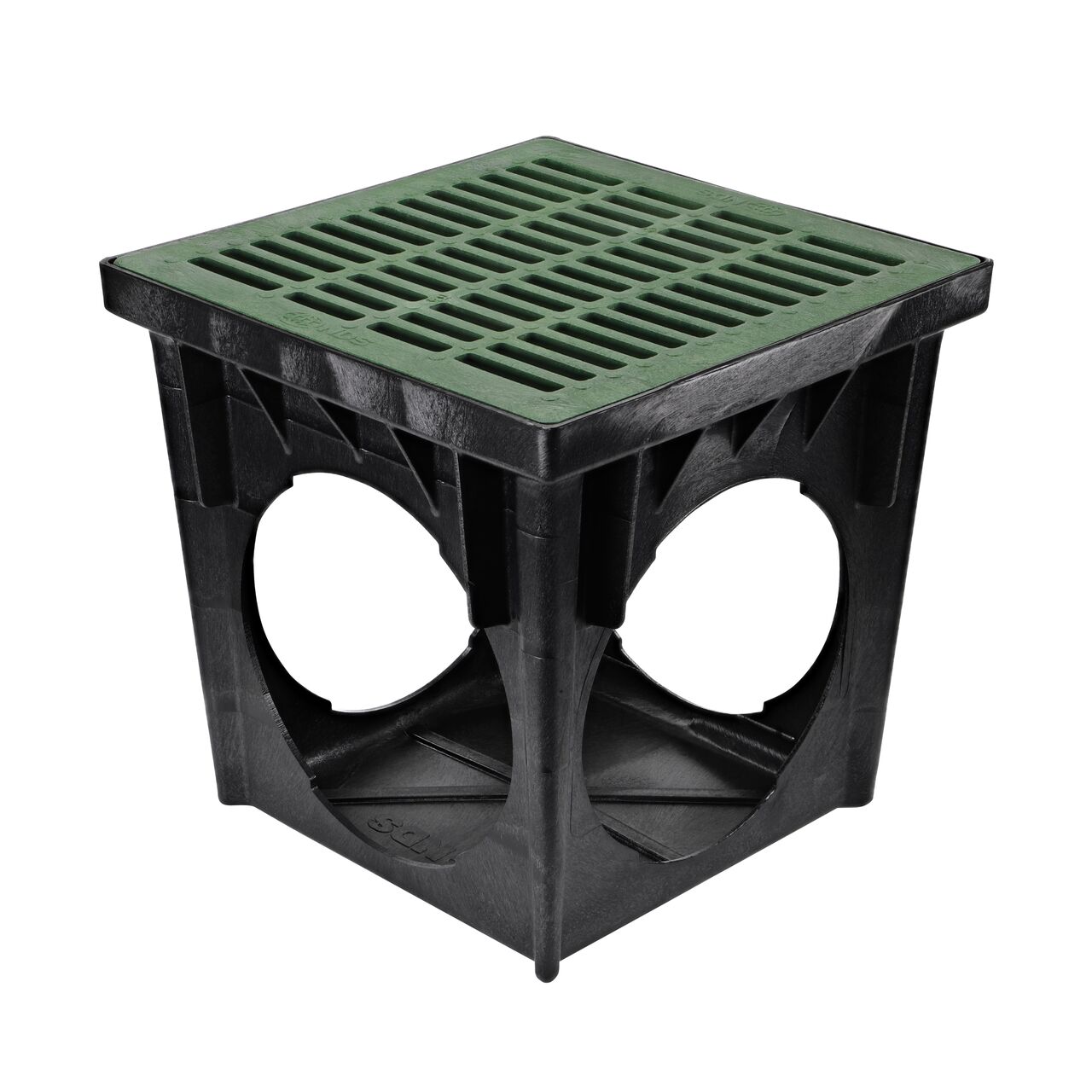 Black plastic 24 in. Square Catch Basin Drain with 4 Openings (NDS 2404) with a 24 in. Square Green Catch Basin Grate (NDS 2412) Installed