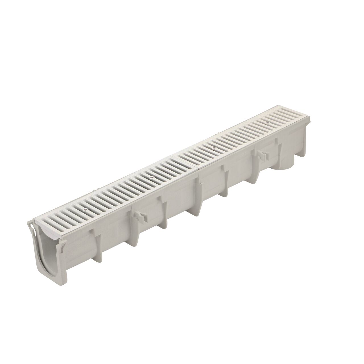 The NDS 6.01 To 6.35 in. Deep Dura Slope Channel (NDS DS-097) with the Standard Duraslope Light Gray Grate installed (NDS 661LG)