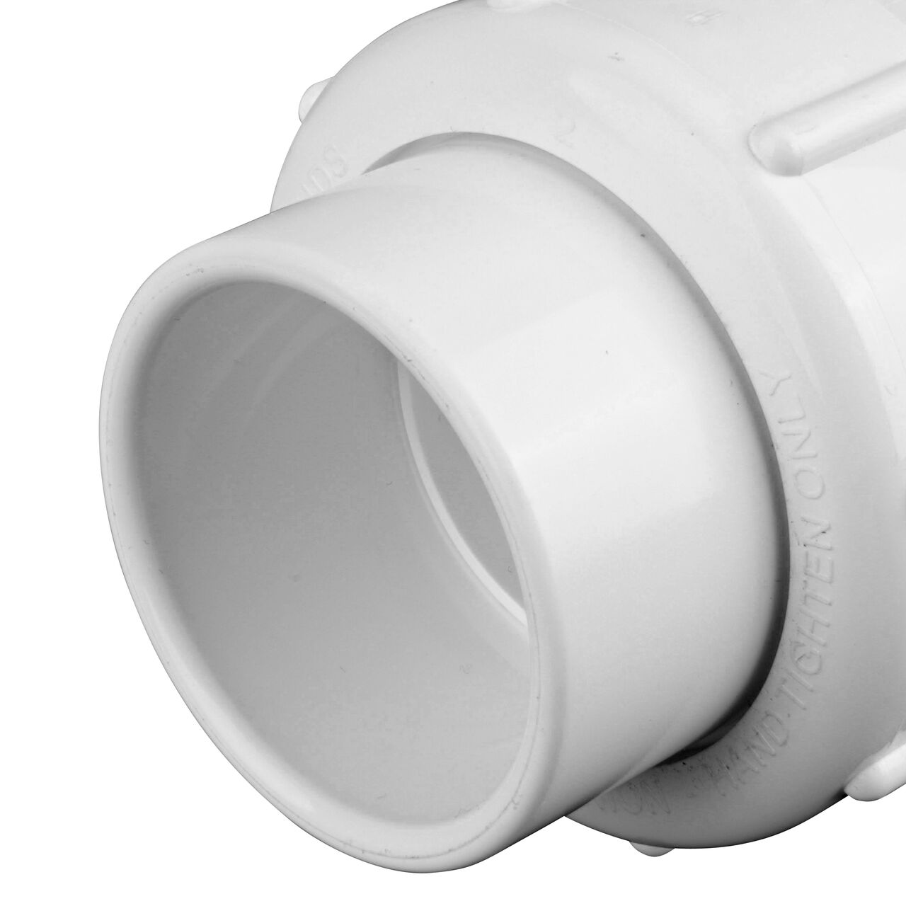 Closeup of the non-union outlet end of the NDS White 1-1/2 in, IPS U X U Checkmate PVC Swing Check and Ball Valve Combination (NDS 2200-15TU)