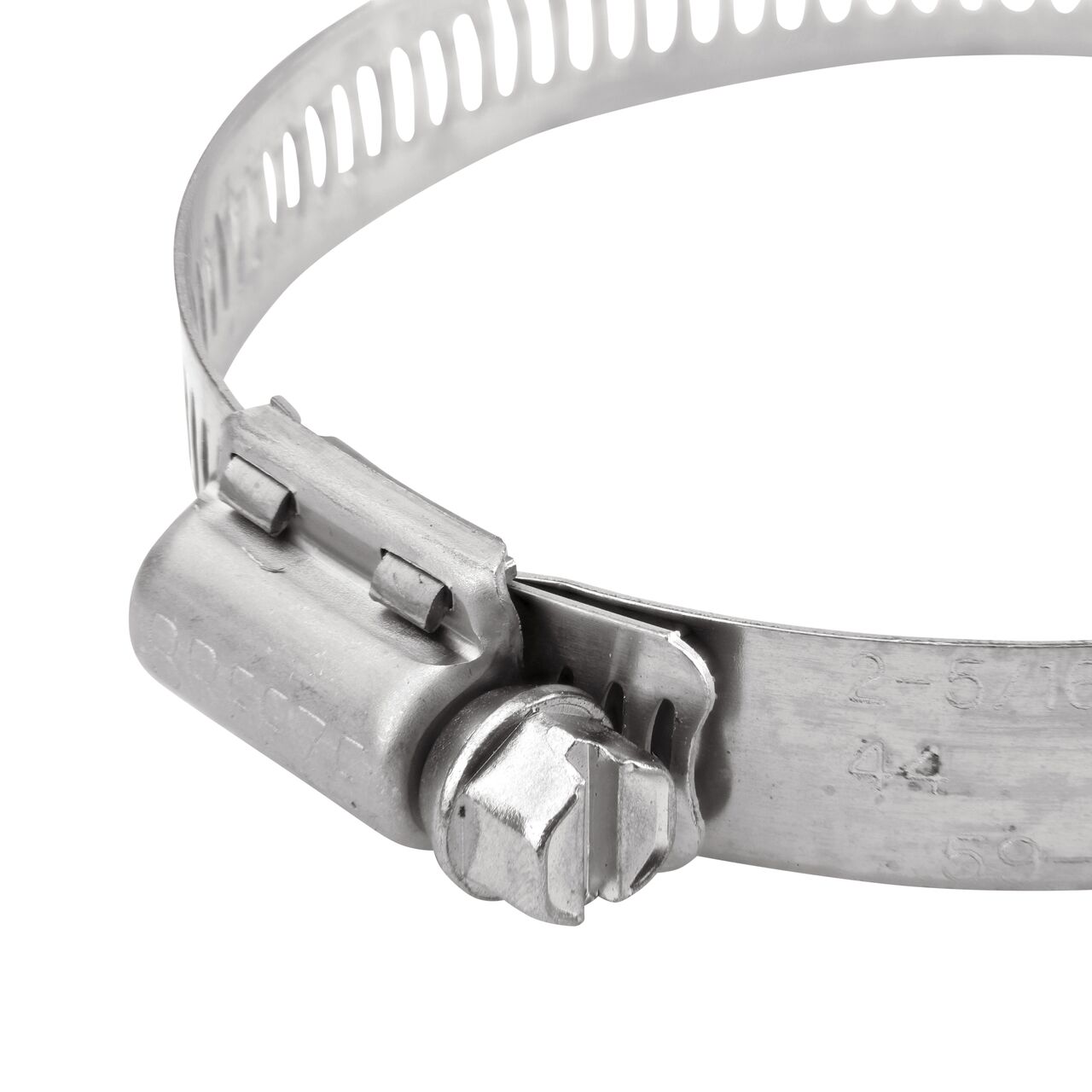 Closeup view of the NDS SAE 44 Worm Drive Hose Clamp with Aero Seal 1/2 in. band width (NDS 64044H) with a 5/16 in. 410 Stainless Steel hex screw; tighten to 30-45 in. lbs. torque to close