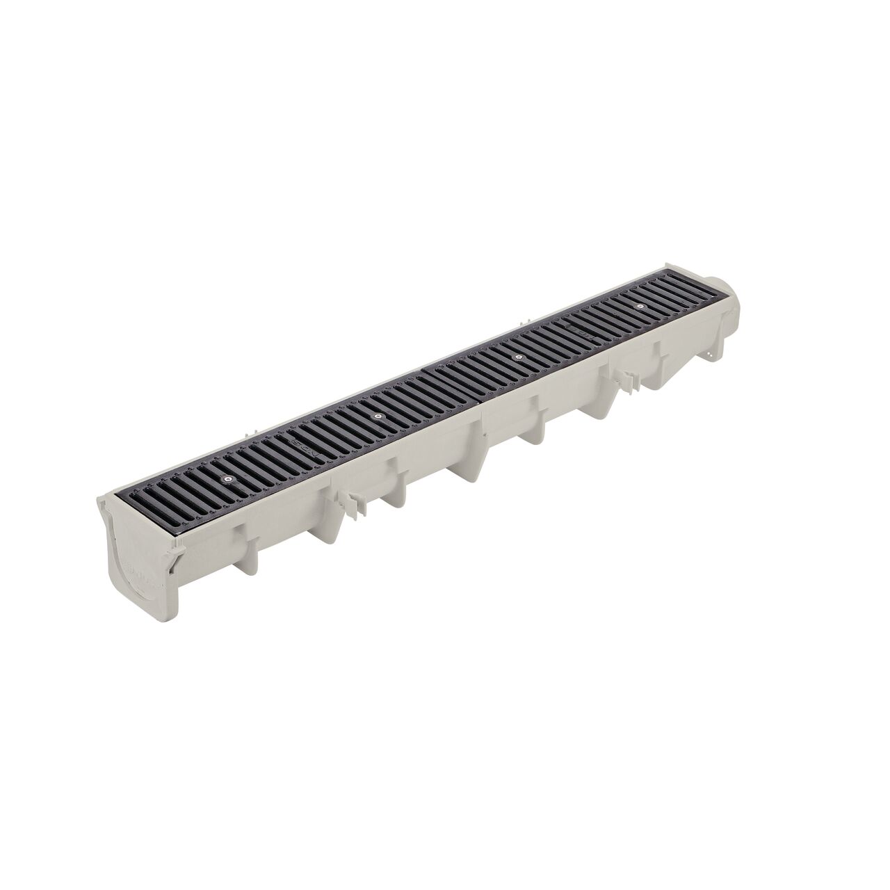 The NDS Neutral Dura Slope Channel Drain Kit fully assembled with the universal end cap screwed on and facing the camera (NDS DS-091NDIKIT)
