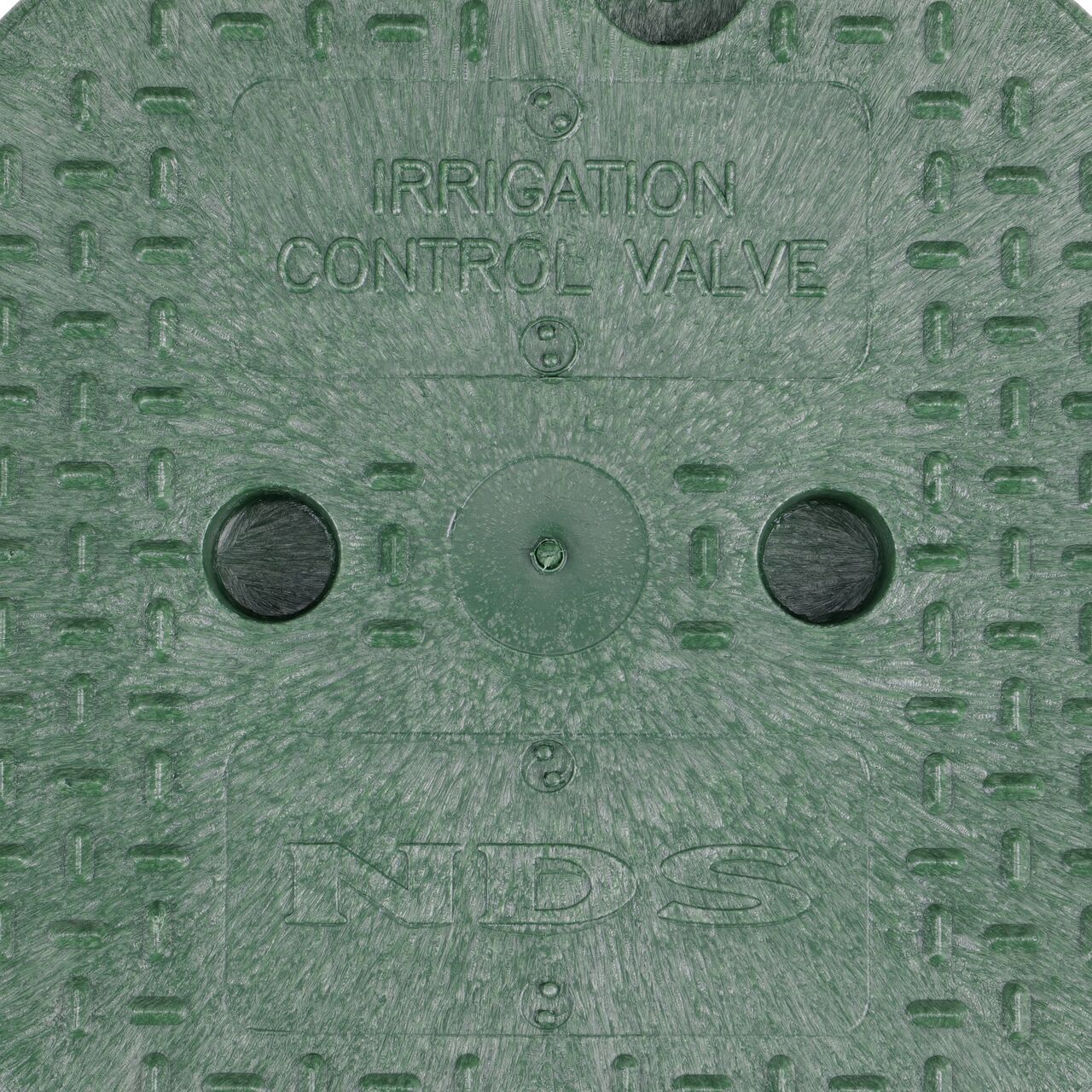 Closeup view of the Irrigation Control Valve markings on the Green Irrigation Control Valve cover for the NDS 10 in. Round Standard Series Valve Box (NDS 112BC)