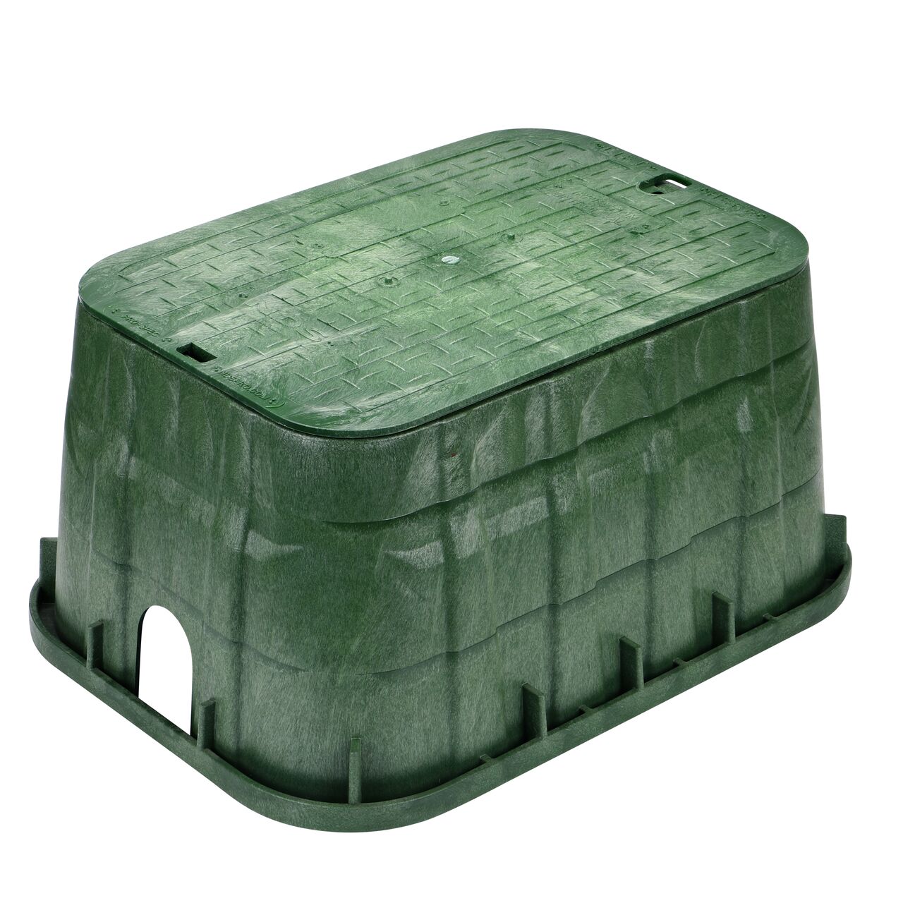 The NDS 13 in. X 20 in. Rectangular Pro-Spec® Series jumbo valve box and Cover is a 12-5/8 in. high Green Box and Green Cover with Irrigation Control Valve markings on the lid (NDS 318BC) and protects underground irrigation and sprinkler system components and keeps them out of sight