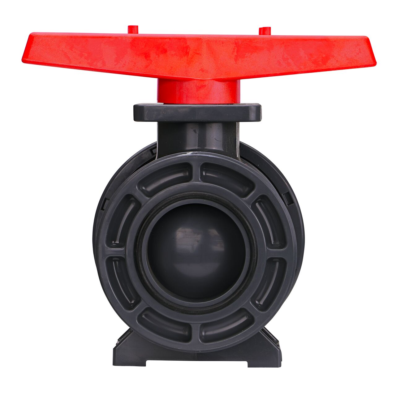 The The 2-1/2 in. PVC Slip True Union Ball Valve shown with the connection end removed with the handle in the half-way closed position to show how ball valve provides a shut off point in the system