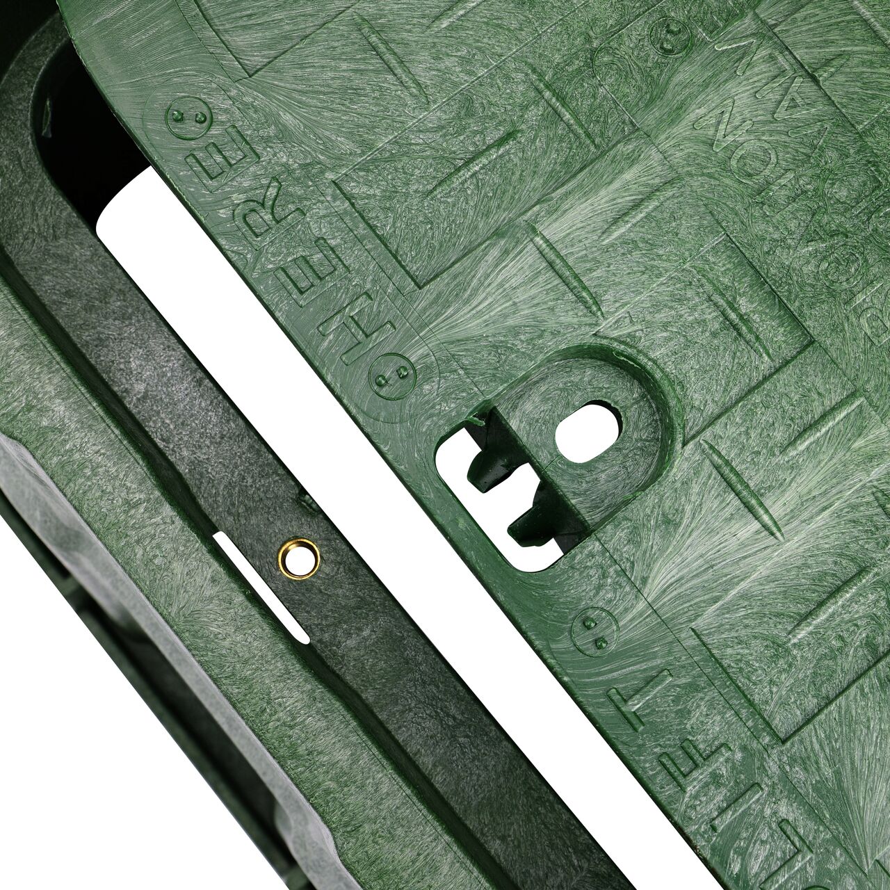 Align the bolt hole on the lid with the bolt hole from the NDS 13 in. X 20 in. Rectangular Pro-Spec® Series Green Box and Green Irrigation Control Valve Cover (NDS 318BC) for a secure fit