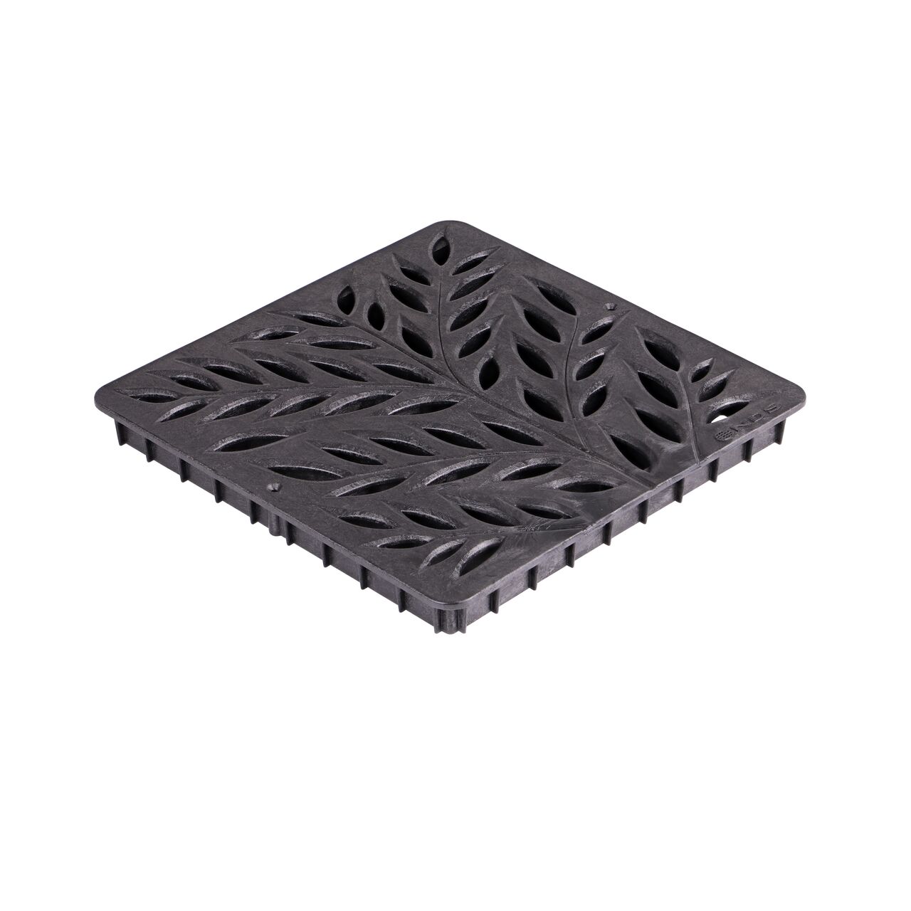 Black plastic 12 in. Catch Basin Grate (NDS 1218) with a decorative botanical design drains water as it blocks pipe-clogging debris
