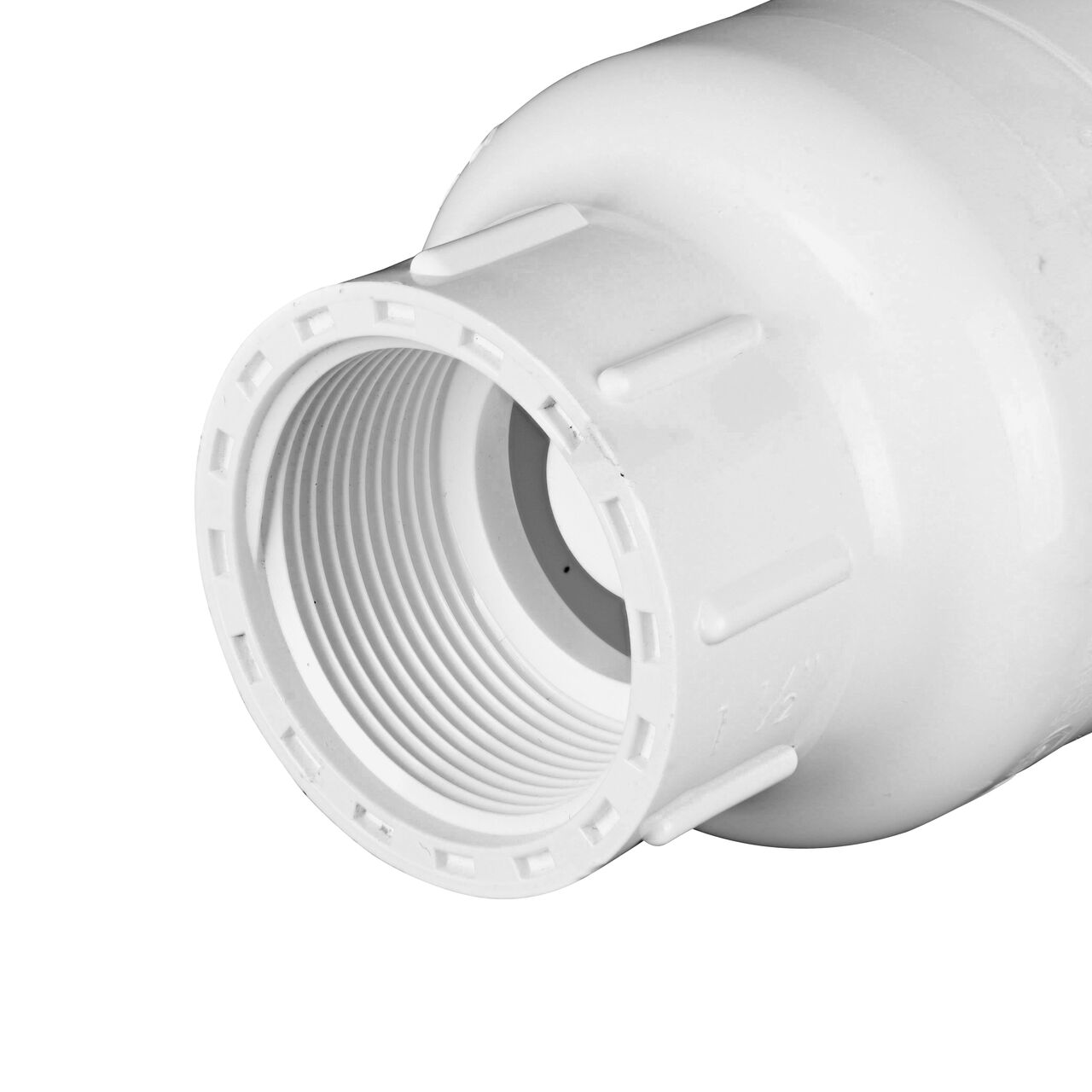 Closeup of the non-sloped end of the threaded NDS 1-1/2 in. White PVC Spring Check Valve (NDS 1001-15, NDS 1002-15)