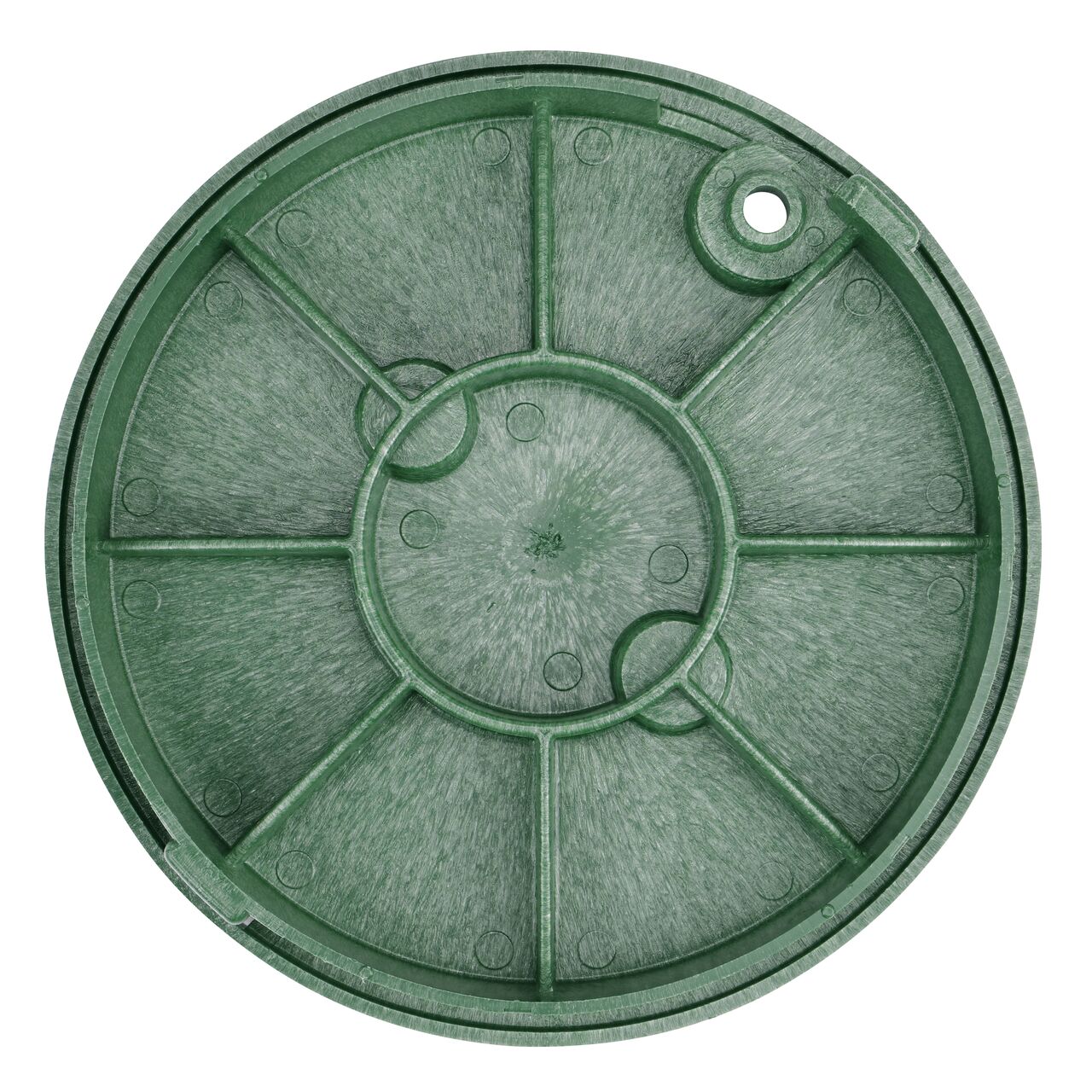 Top down view of the underside side of the green irrigation control valve cover for the NDS 10 in. Round Standard Series (NDS 112BCB) showing reinforcing ribs that are load rated to withstand pedestrian traffic and the rigors of lawn care equipment