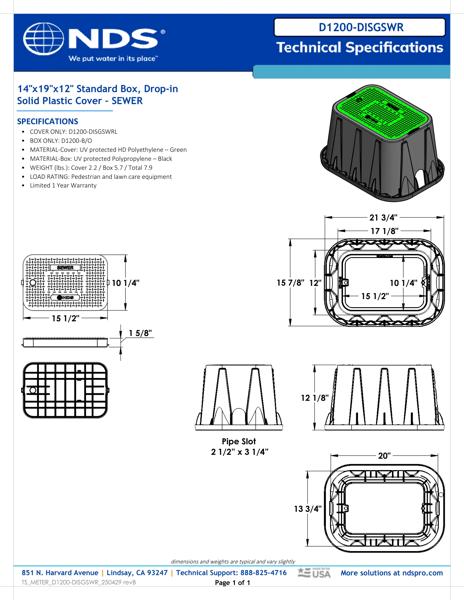 NDS 14 in. X 19 in. Rectangular D1200 Meter Box and Drop-in Cover, 12 in. Height, Black Box, Green Sewer Cover Tech Spec