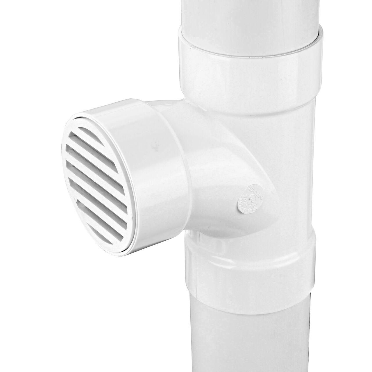 The NDS 4 in. PVC Sewer and Drain 3-Way Sanitary Tee (NDS 4P09C*, NDS 4P09*, NDS 4P09) in vertical position with 4 in. S&D pipe attached to the top and bottom connection points and a 4 in. HIPS S&D Fitting Round Grate attached to the middle hub (NDS 9P12)
