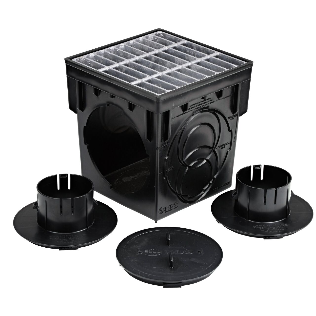Unassembled view of the 9 in. Catch Basin Drain Kit with galvanized steel grate (NDS 900MTLKIT)