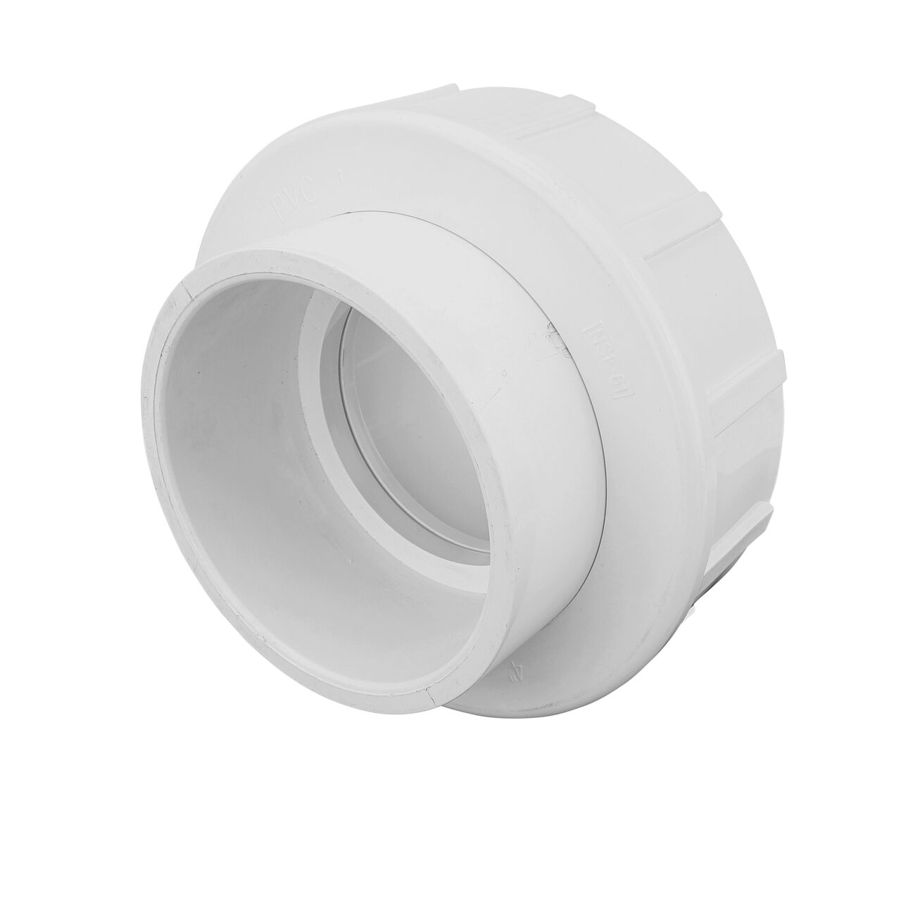 One end of the PVC Union, 4 in. Sch. 40 S X S which connects two 4 in. Sch. 40 pipes together to allow water to flow through while preventing leaks (NDS WU-4000-S)
