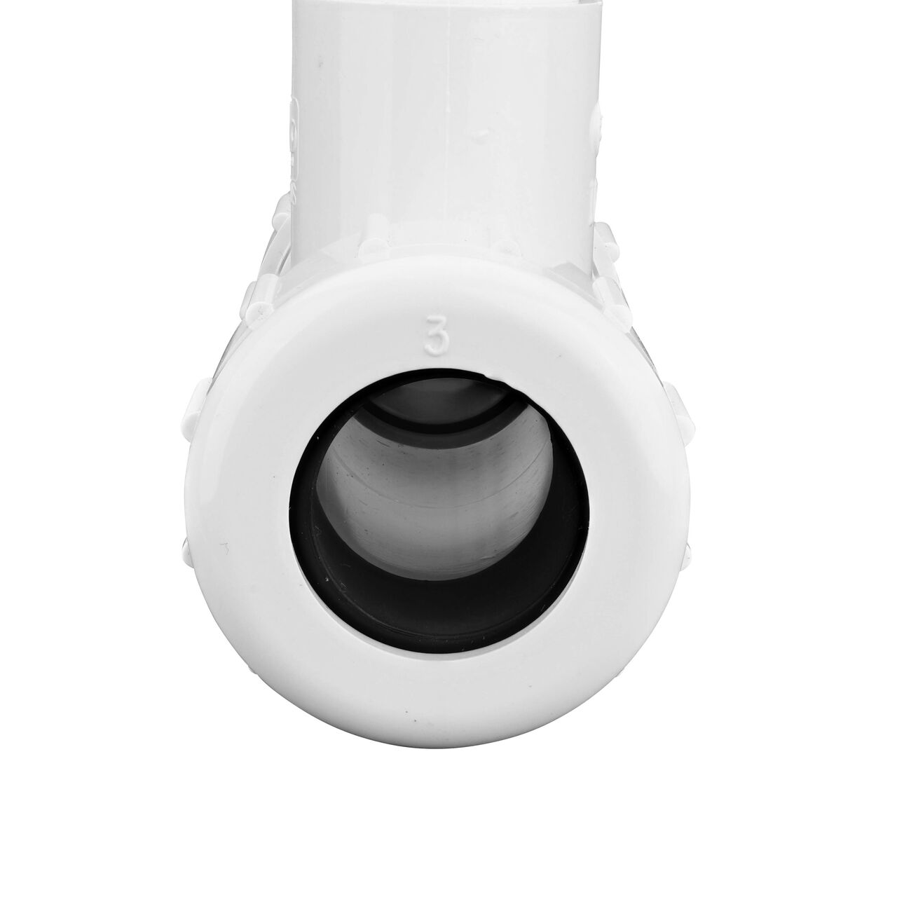 The NDS 3/4 in. IPS UC X FPT Compression Tee showing the gasket inside the adjustable nut that secures it in place once installed (NDS CPT-0750-T)