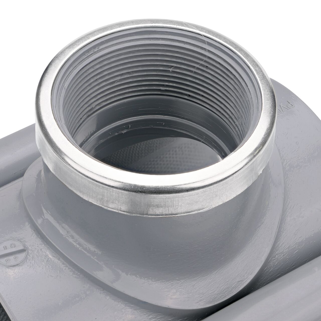 Closeup of the 2 in. FPT connection on the NDS Clamp-It™ Rigid PVC Saddle (NDS 443020) for 3 in. PVC pipe