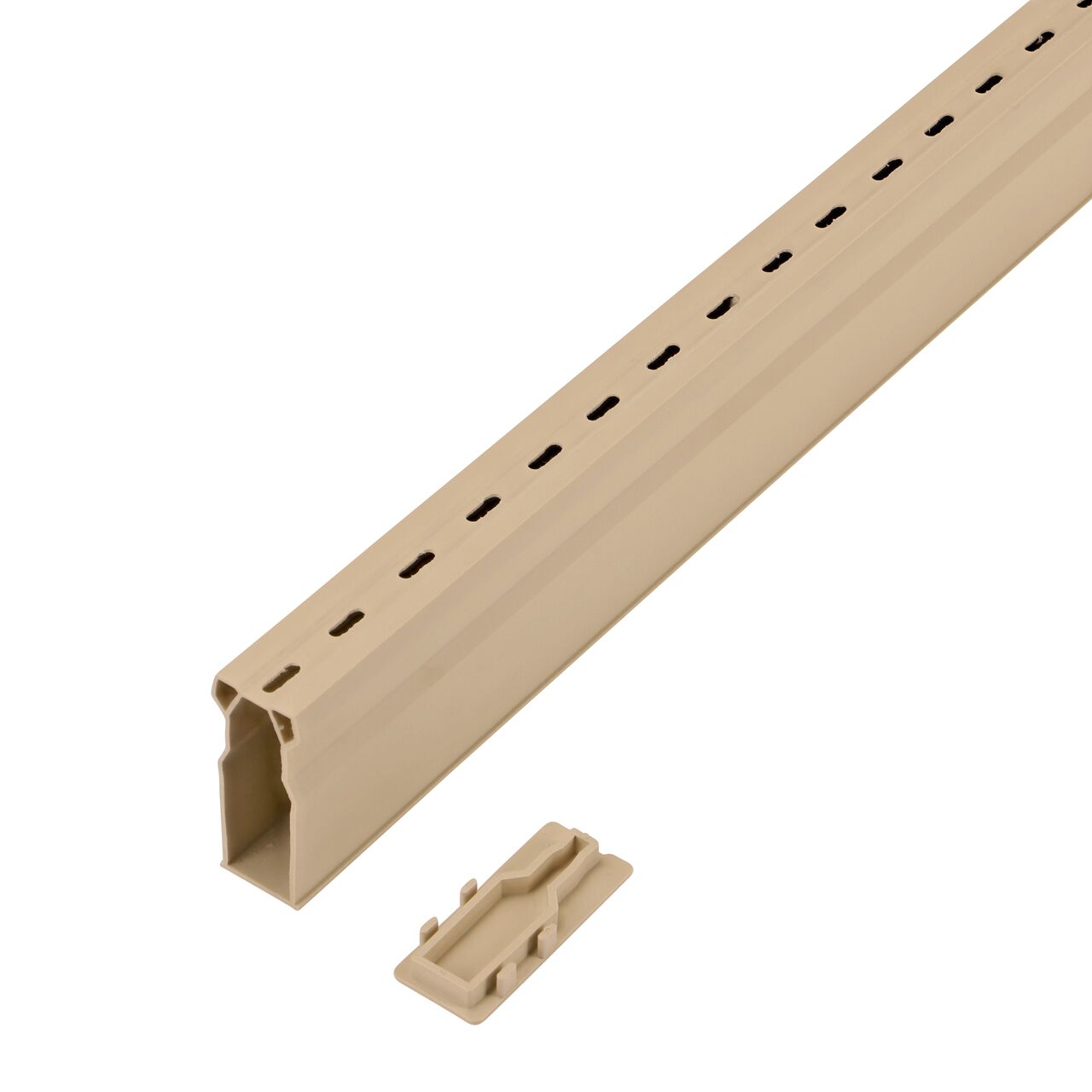 Micro Channel™ Sand Drain End Plug (NDS 8472) uninstalled on the end of the Sand Micro Channel™ Drain & Integrated Grate (NDS 8002)