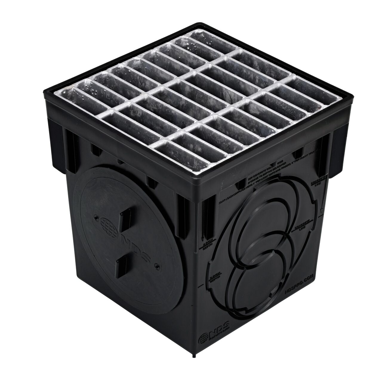 Black plastic 9 in. Catch Basin Drain Kit with galvanized steel grate (NDS 900MTLKIT) with the NDS 6 in. Outlet Plug installed