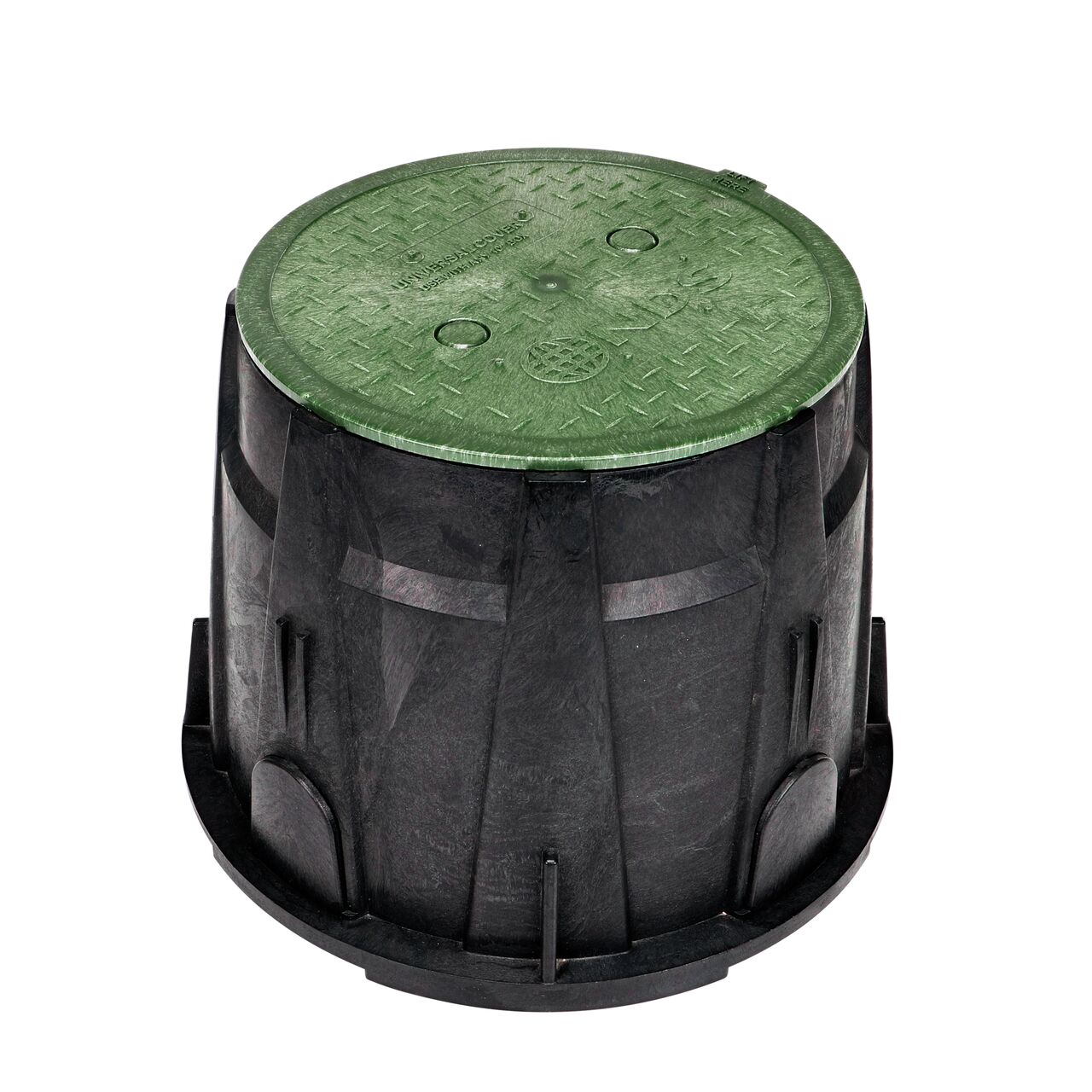 Alternate View of the 10 in. Round TruFit Universal Valve Box Lid installed in 10 in. Rainbird valve box (NDS 10RND-UC)