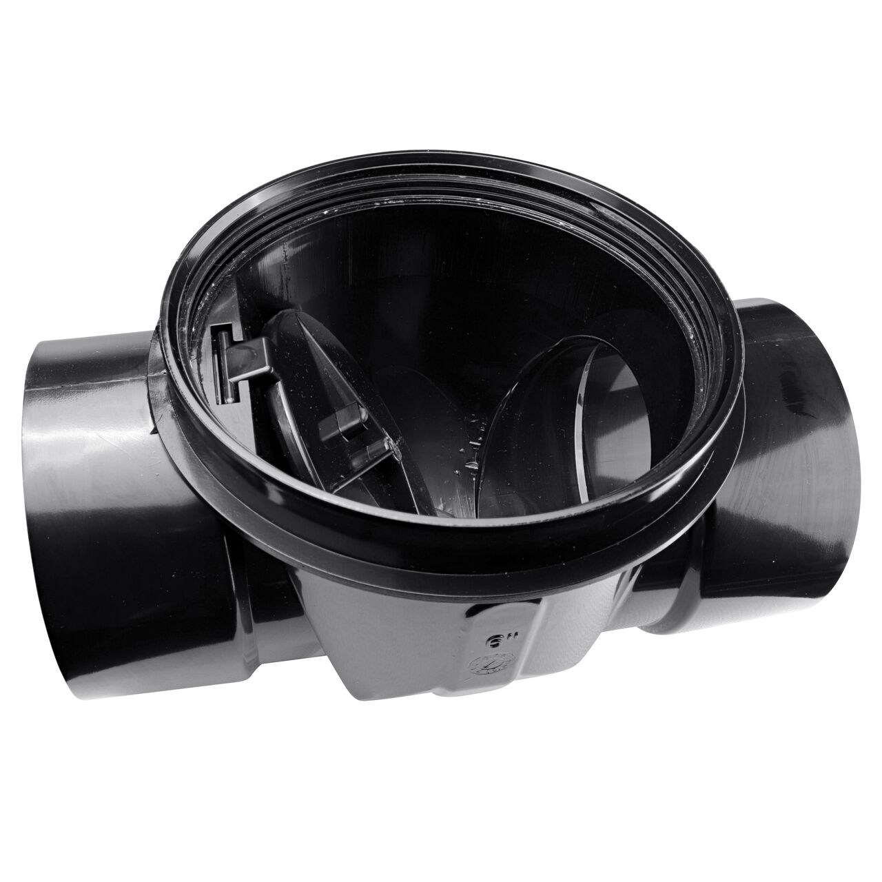 The flapper opened inside of the NDS Black 6 in. ABS Backwater Valve (NDS 675) controls the flow of water