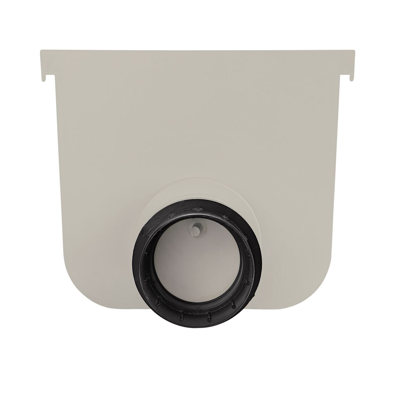 Side view with the opening of the NDS Light Gray 12 in. Pro Series Channel™ Drain End Cap/End Outlet (NDS 844) facing forward