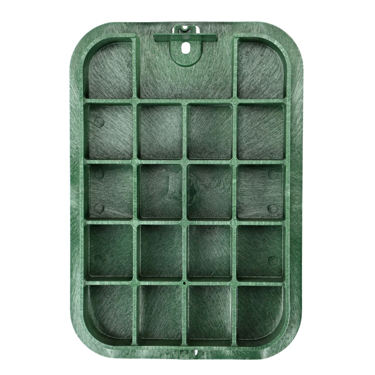 Top down view of the underside of the green telecom cover for the NDS 14 in. X 19 in. Rectangular Pro-Spec Series (NDS 313BCBT) valve box showing reinforcing ribs that help support pedestrian and lawn care equipment