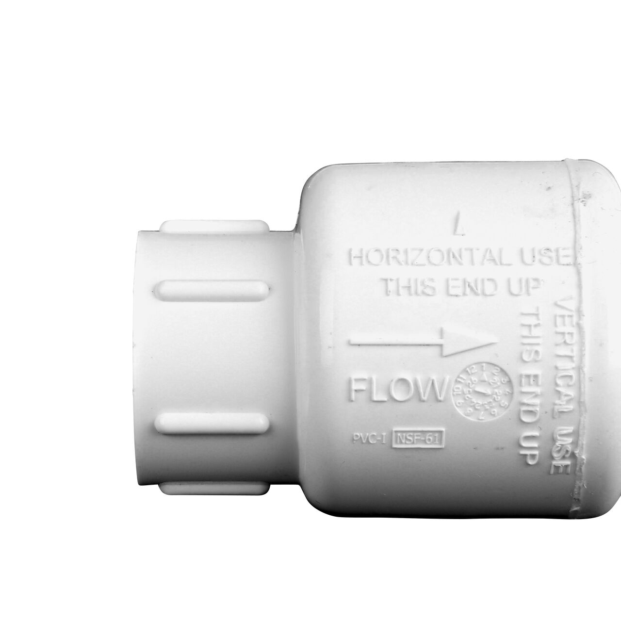Closeup of the arrow showing water flow on the NDS White 3/4 in. slip end by slip end PVC Swing Check Valve (NDS 1520-07)