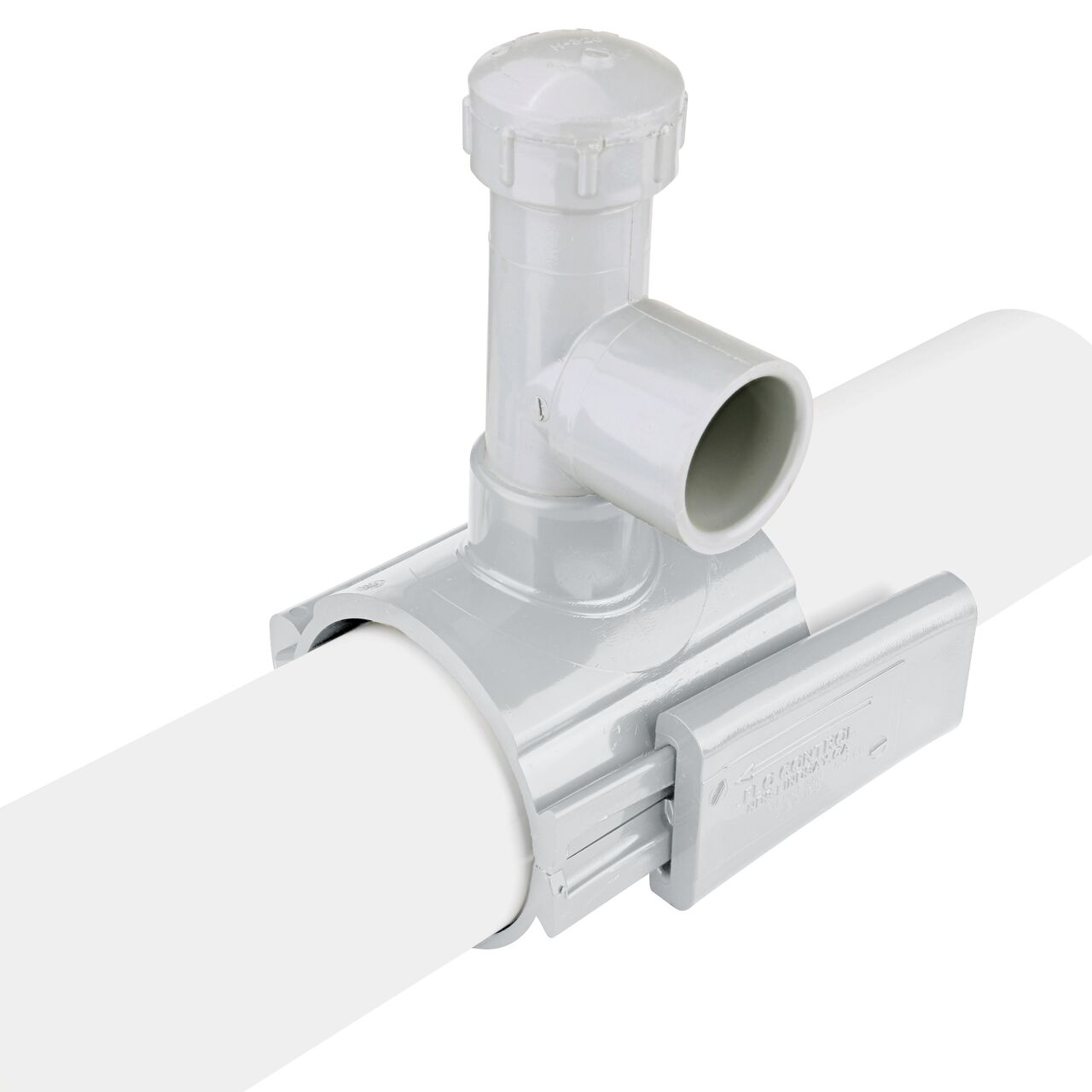 To install, remove wedge and clamp saddle over pipe on the 4 in. NDS Flo-Tap™ Rigid PVC saddle with 1-1/2 in. socket or 2 in. spigot (NDS 3240)