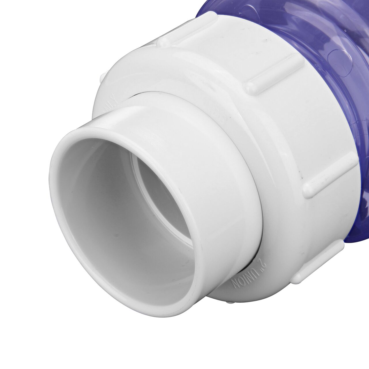 Closeup of the other end of the NDS Clear 2 in. IPS U X U PVC True Union Swing Check Valve (NDS 1720C20)