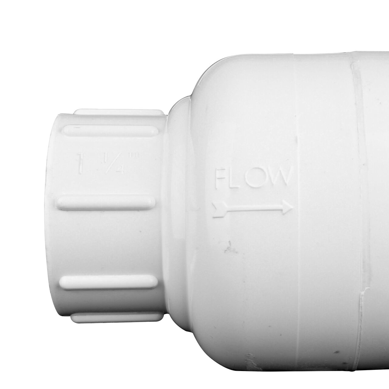 Closeup of the arrow showing water flow of the NDS 1-1/4 in. White PVC Spring Check Valve (NDS 1001-12, NDS 1002-12)