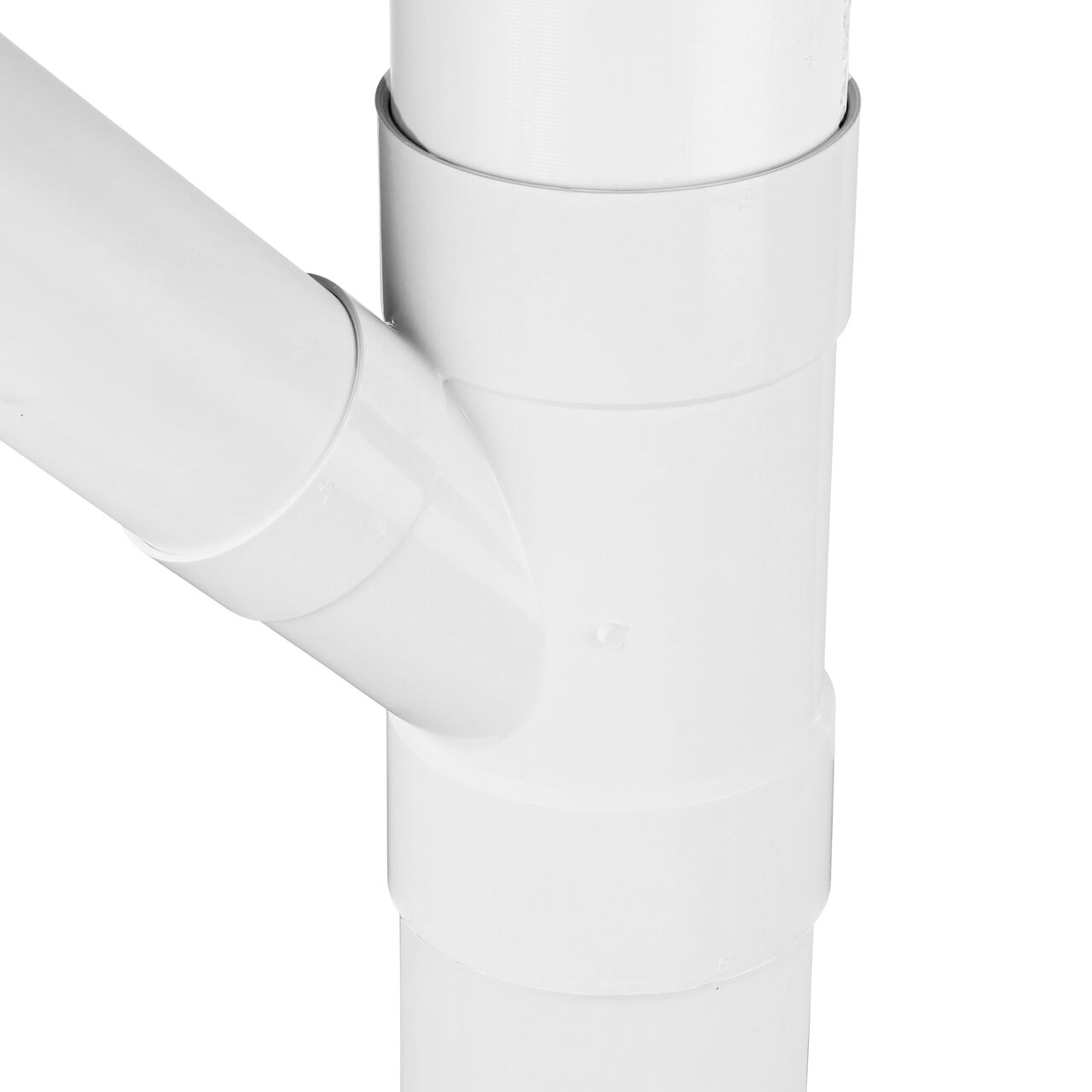The NDS PVC 45 degree wye in vertical position with two 6 in. S&D pipe on the ends and one 4 in. S&D pipe in the middle (NDS 64P08, NDS L64P08)