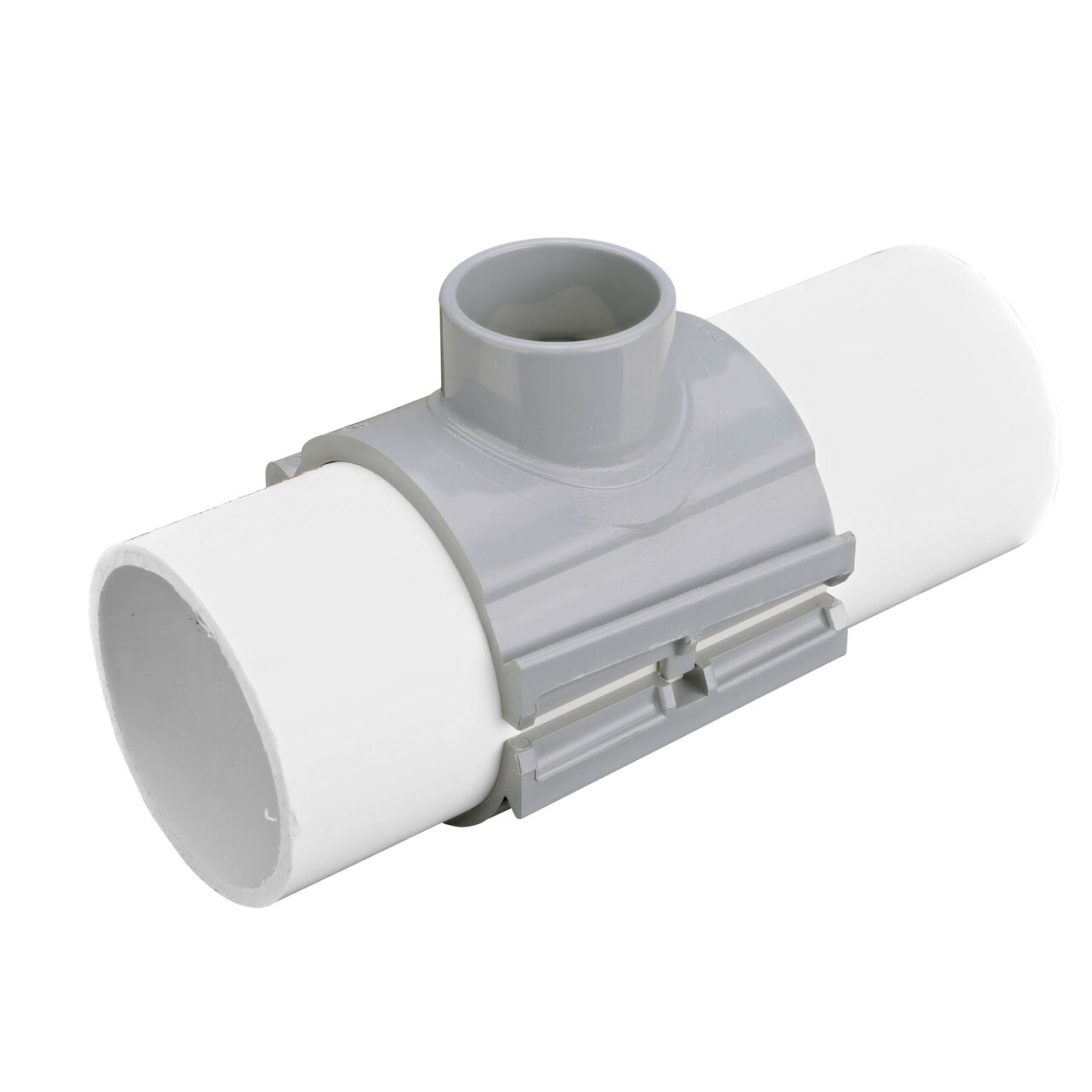 The NDS Clamp-It™ Rigid PVC Saddle with 2 in. slip connection on top (NDS 454020) clamps onto 4 in. PVC pipe