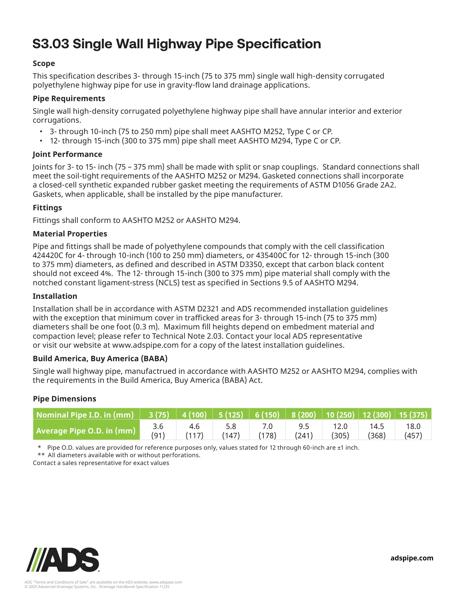 S3.03 Single Wall Highway Pipe Specification