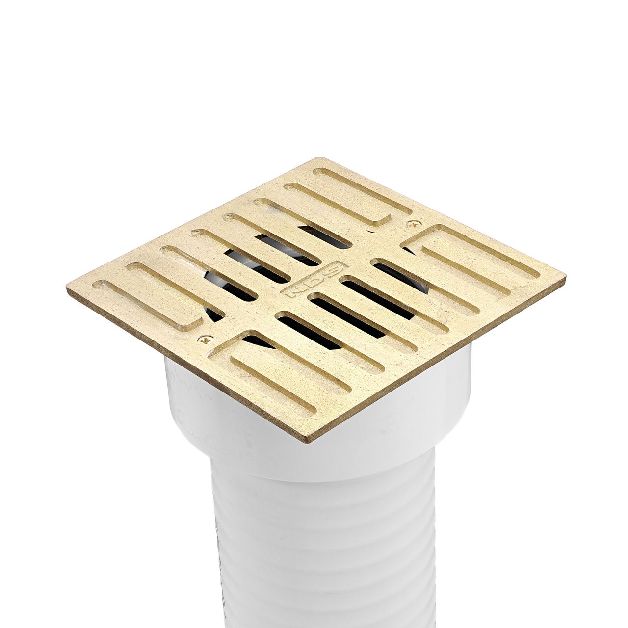 NDS Satin Brass and plastic 5 in. Square Grate fits 3 in. Drain Pipes & 4 in. Fittings installed on 3 in. Triple Wall Pipe (NDS 913B*, NDS 913B)