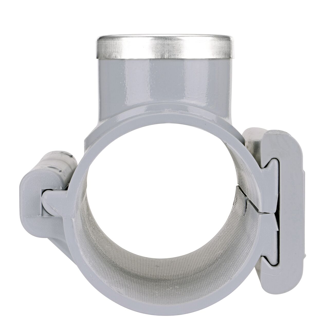 Front facing view of the NDS Clamp-It™ Rigid PVC Saddle with 2 in. FPT connection on top (NDS 443020) for 3 in. PVC pipe showing both the wedge and hinge sides