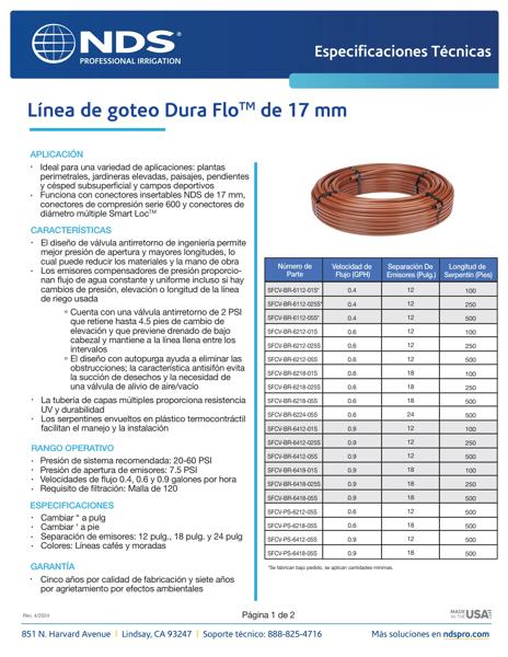 NDS Professional Irrigation Dura Flo™ CV 17mm Check Valve Dripline Spanish Tech Spec