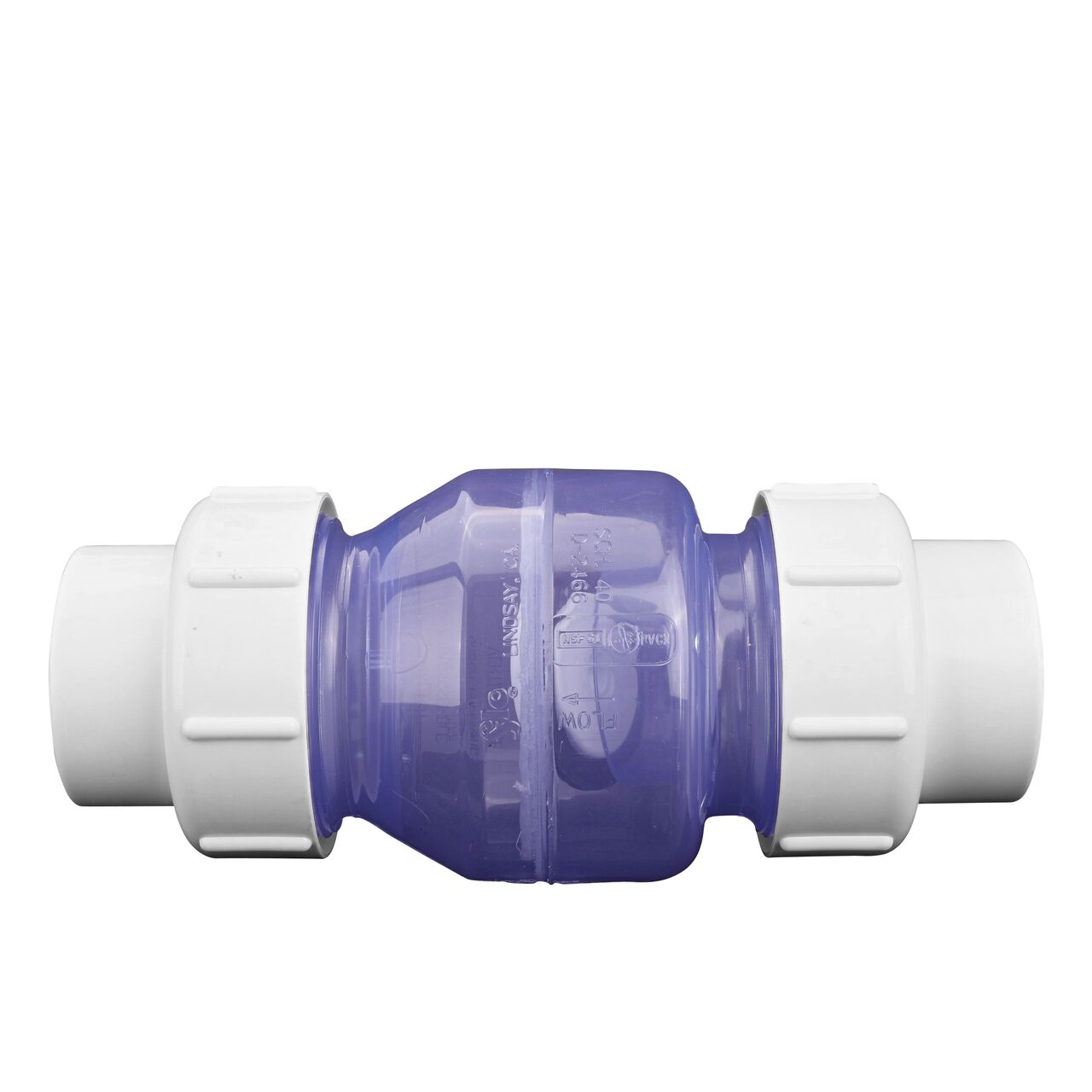 Side view on the NDS Clear 2 in. IPS U X U PVC True Union Swing Check Valve (NDS 1720C20)