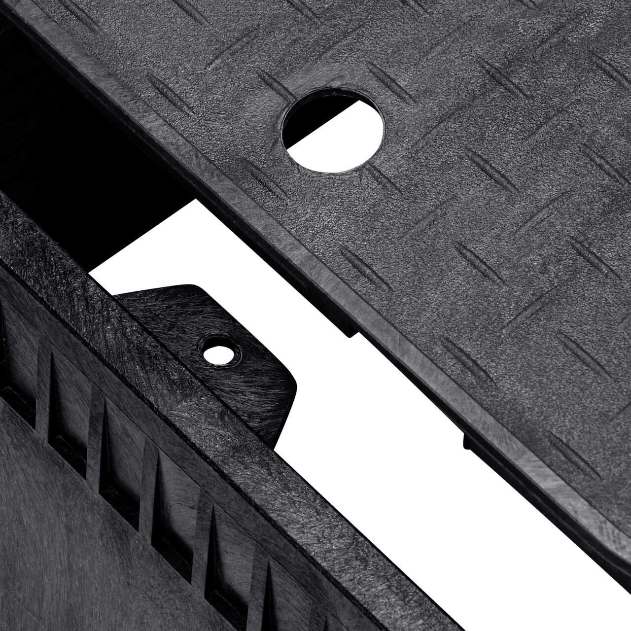 Align the latch on the lid with the latch from the NDS 13 in. X 20 in. Rectangular Standard Series Black Meter Box and Black Water Meter Cover (NDS D1500-OLSB) for a secure fit